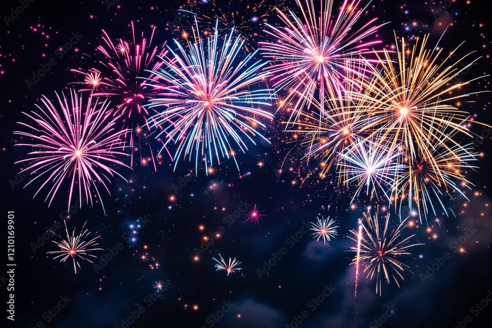Aufkleber colorful fireworks bursting in the night sky, creating patterns of light and reflections of stars.