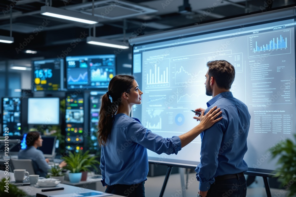 Aufkleber business professionals analyzing data on a large screen in a modern office environment.