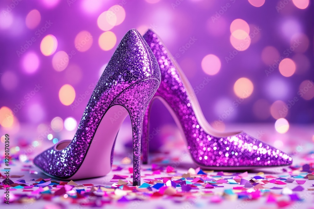 Poster sparkling pink high heels surrounded by colorful confetti on a purple bokeh background.