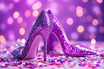 Sparkling pink high heels surrounded by colorful confetti on a purple bokeh background.