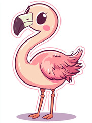 A cartoon flamingo with a pink body and red feathers. 