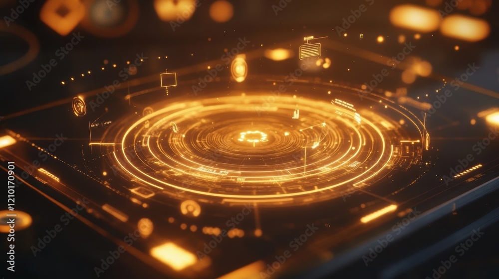 Poster orange futuristic hologram showing data analysis and information processing with floating icons and 
