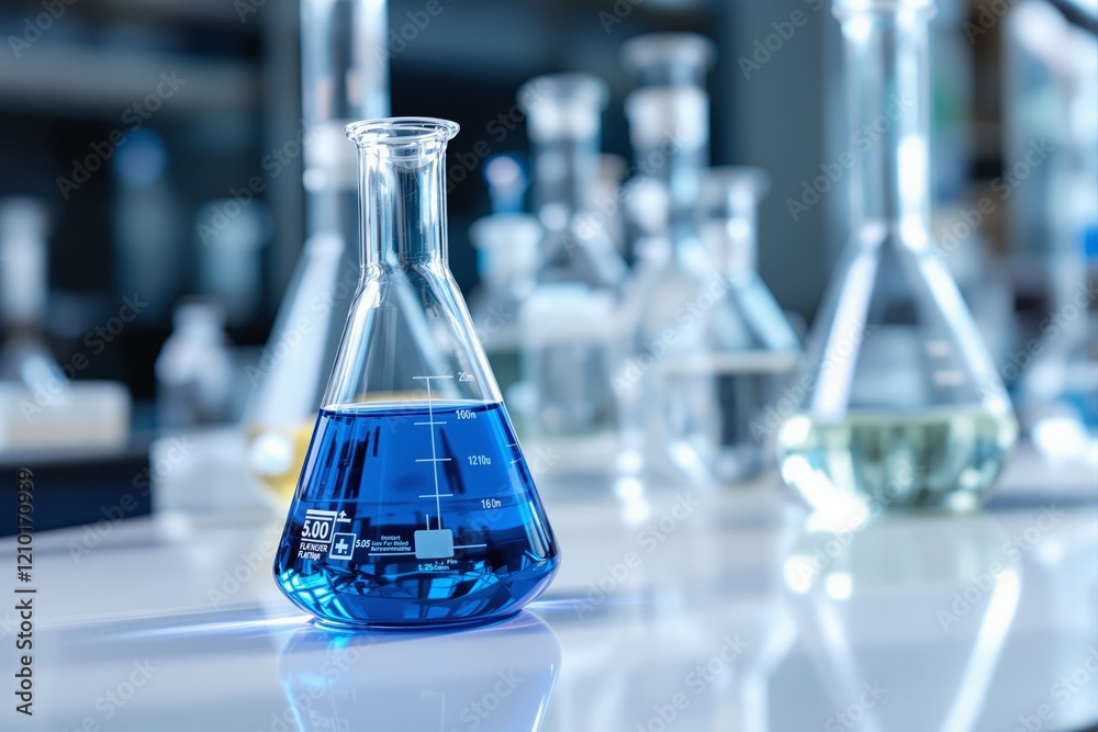 Poster close-up of laboratory glassware with blue liquid on a glossy surface in a modern lab environment.