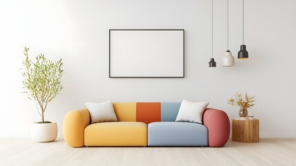 Vibrant and Elegant Minimalist Living Room Interior Design with Colorful Sofa and Minimalist Wall Art Frame  Cozy and Comfortable Contemporary Home Decor with Wooden Accents and Lush Greenery