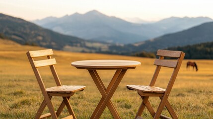 Empty table and chairs inviting to relax in a mountain meadow with grazing horses