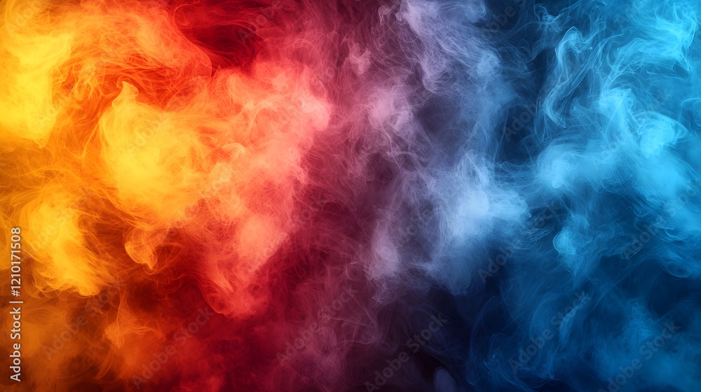 Poster cinematic swirling fog with smoke in warm and cool tones of red orange yellow and blue creating a vi