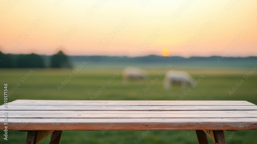 Poster empty wooden table overlooking sheep grazing in a field at sunset