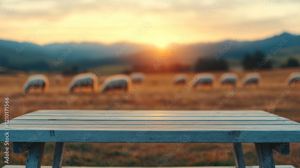 Poster empty table inviting to a relaxing moment in peaceful countryside with grazing sheep