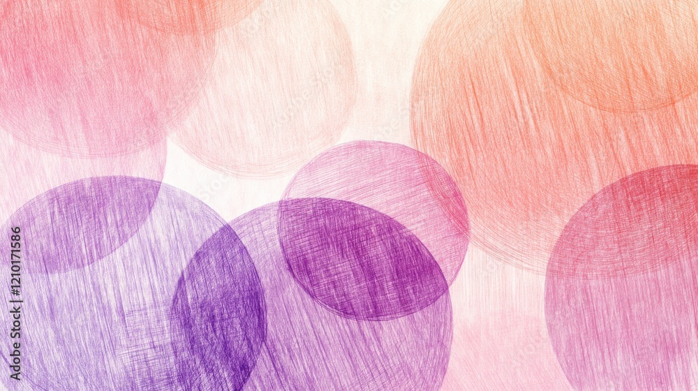 Poster Overlapping pastel circles create a soothing abstract design with delicate pencil strokes and soft hues