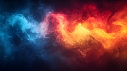 Cinematic swirling fog and smoke in warm and cool tones of red orange yellow and blue creating a vibrant abstract fiery background with a sense of energy chaos and transformation
