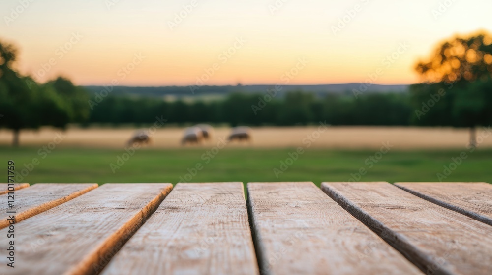 Poster empty wooden table overlooking sheep grazing in a field at sunset