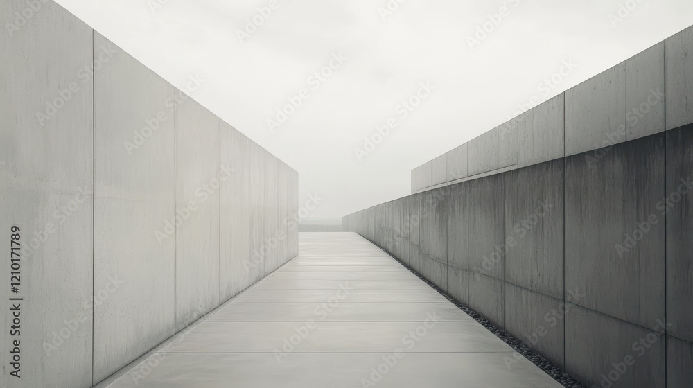 Poster Exploring a minimalist pathway framed by gray walls on an overcast day in an urban setting