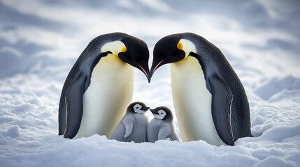 Naklejka premium two penguins loving each other with their babies.