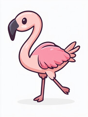 A cartoon flamingo with a pink body and red feathers. 