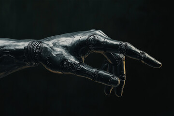 Dystopian robotic hand with forearm in dark, futuristic design