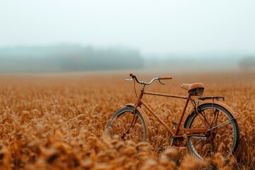 Fototapeta premium A lonely bicycle left in an overgrown field, its paint chipped and weathered by time