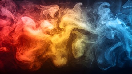 Fototapeta premium Swirling fog and smoke in vibrant red yellow orange and blue colors forming an abstract cinematic and dramatic background This surreal and ethereal image creates a sense of mystery and imagination