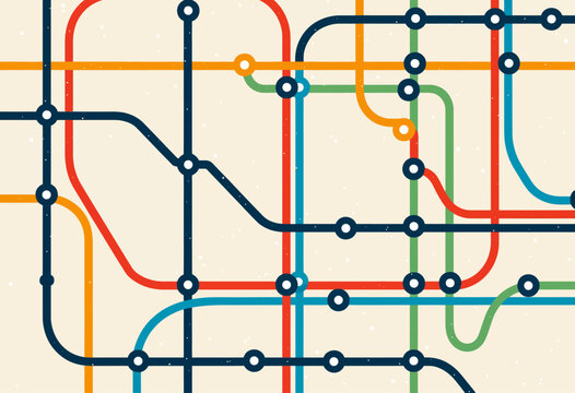 Minimalist Subway Map Pattern: Colorful Lines & Dots. Clean and simple design with a flat vector style, ideal for backgrounds, textiles, and branding projects.

