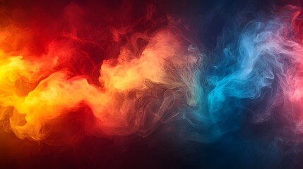 Dramatic and Cinematic Background with Swirling Flowing Smoke and Fog in a Vibrant Color Palette of Red Orange Yellow and Blue Tones Creating a Mesmerizing and Immersive Visual Effect