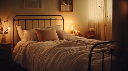 Cozy Bedroom at Night, Warm Lighting, Serene Atmosphere