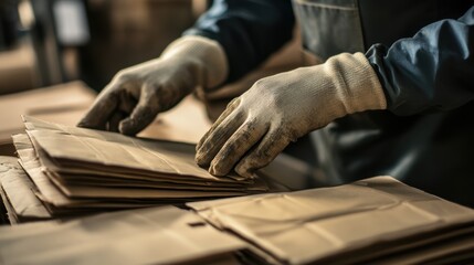 Gloved hands sorting stacks of brown paper bags in a factory setting, highlighting the importance of manual labor and industrial production in the packaging process