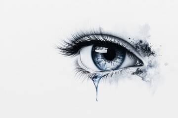 A minimalist depiction of a single tear falling from an eye, drawn in simple black lines with a soft blue accent for the tear