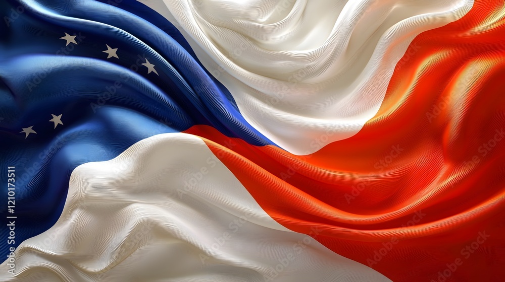 Poster elegant and dynamic abstract rendering of a silk textured flag in red white and blue colors graceful