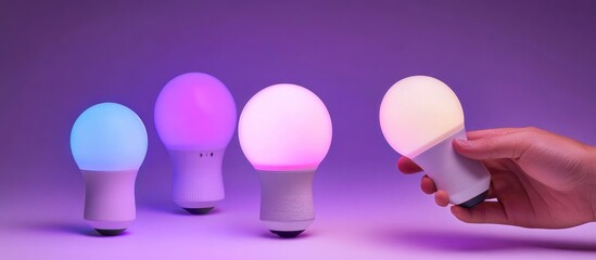 Smart Bulbs Showcase Hand Holds LED, Purple Background