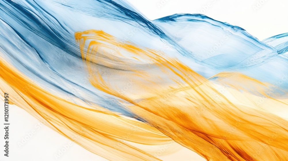 Poster Organic paint flows elegantly with delicate pencil strokes creating an abstract pattern of blue and orange hues