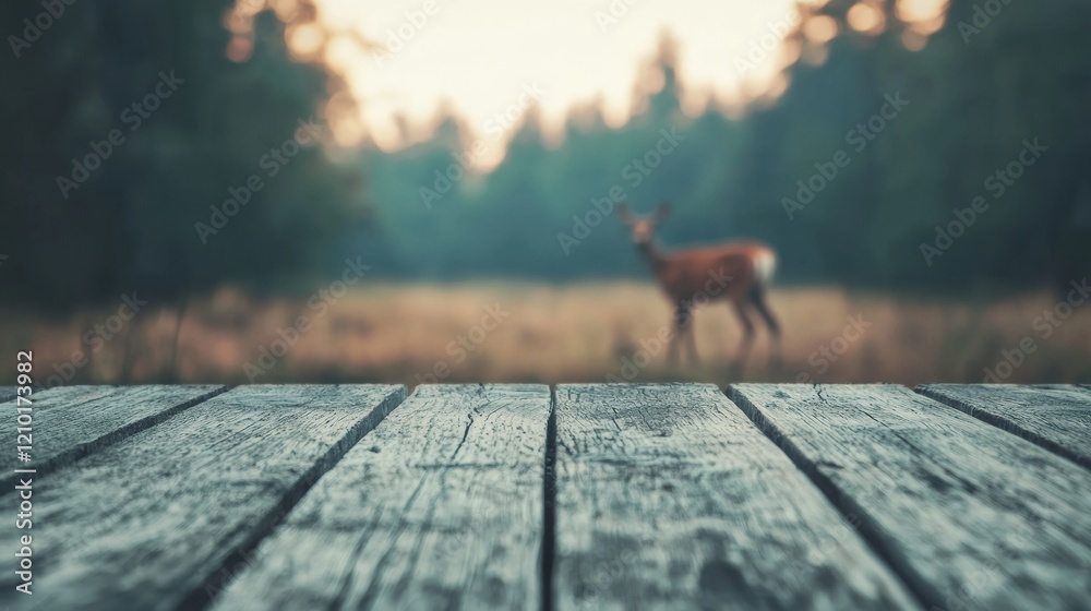Poster empty wooden table with blurred forest background and deer grazing in soft morning light