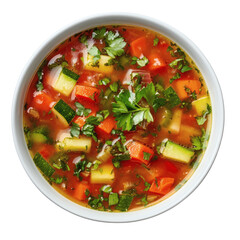 Tomato soup with vegetables in a bowl on transparent background
