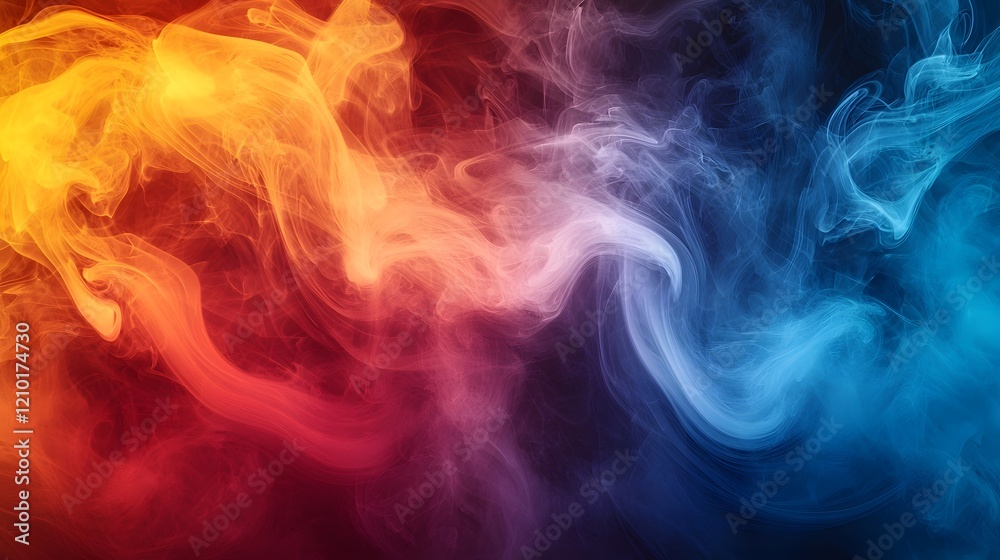 Poster cinematic swirling fog and smoke background in vibrant warm and cool tones of red orange yellow and 