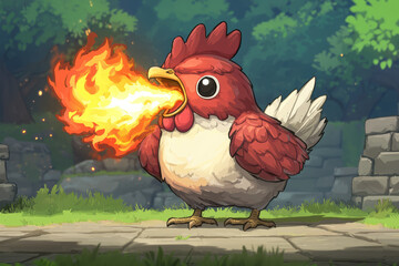 Naklejka premium bold cartoon depiction of giant chicken breathing fire, showcasing vibrant colors and whimsical design