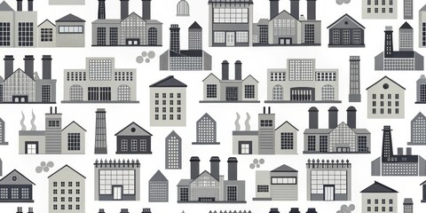 Fototapeta premium A grayscale illustration featuring a diverse collection of industrial and commercial building designs, showcasing various architectural styles and sizes.