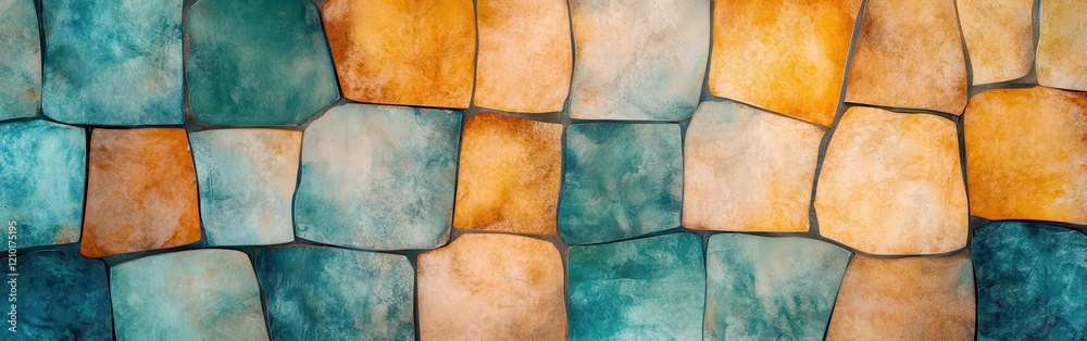Poster Elegant pastel amber and teal fragmented grids create a dynamic visual pattern on an interior wall or artwork