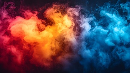 Fototapeta premium Cinematic swirling fog and smoke in warm tones of red orange and yellow and cool tones of blue creating a vibrant abstract background with a moody and mysterious atmosphere