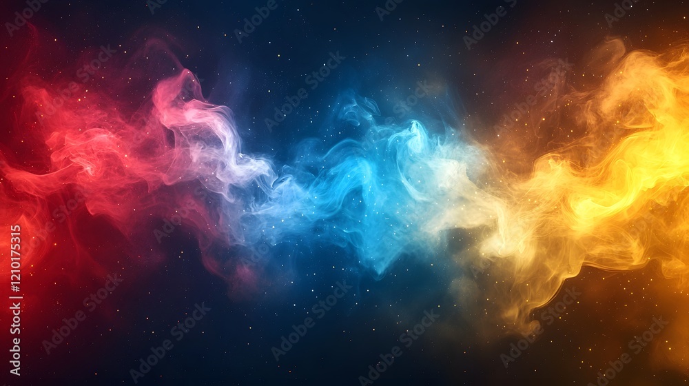 Poster abstract background with cinematic smoke and fog swirling in a vibrant palette of red yellow blue an