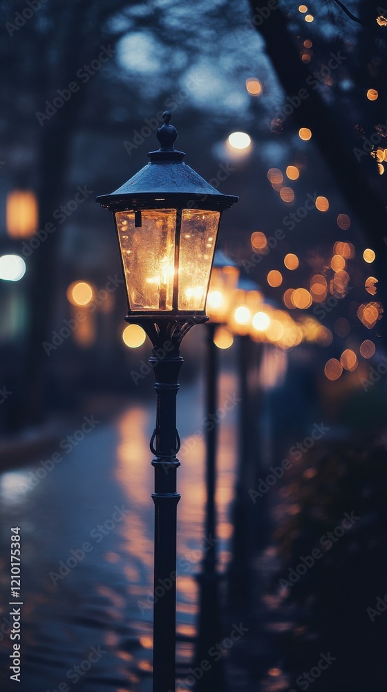 Aufkleber Bokeh lights in deep navy and metallic silver illuminate a serene walkway at dusk with vintage lamp posts