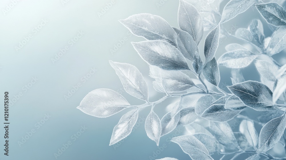 Poster delicate silver leaves with frosted edges gracefully arranged against a soft background