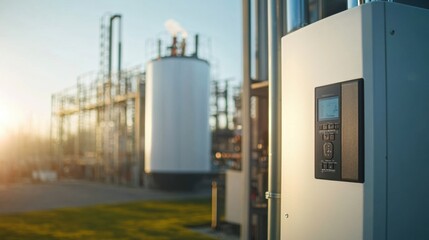 Fototapeta premium Industrial Control Panel at Modern Refinery Sunset