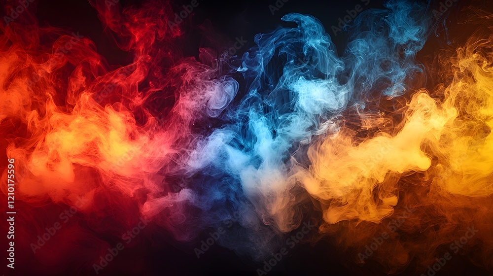Poster dramatic and dynamic abstract background of swirling smoke and fog in vivid red orange yellow and bl