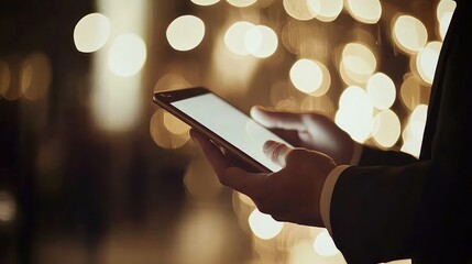 Man using tablet, city night, bokeh lights, business