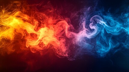 Swirling fog and smoke in vibrant red yellow orange and blue colors forming an abstract cinematic and dramatic background with an ethereal energetic and mystical atmosphere