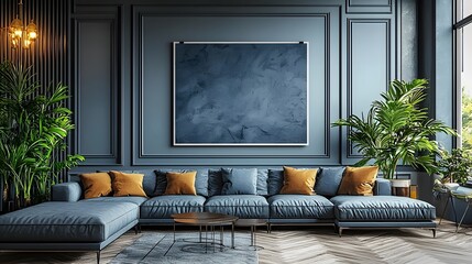 Stylish and modern living room interior with sleek design and a framed poster mockup hanging on the wall featuring a cozy and comfortable home environment with minimalist decor and furnishings