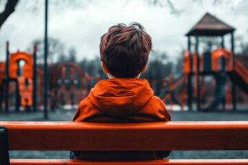 A person sitting alone on a park bench under a cloudy sky, looking out at a deserted playground