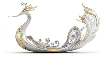 Elegant white gold ornate swan boat, isolated, 3D render, design element