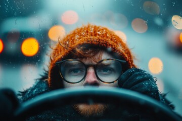 A person sitting in a car during traffic, drumming their fingers on the steering wheel with a bored expression