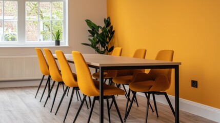 Fototapeta premium Modern workspace promoting teamwork and collaboration with vibrant yellow chairs