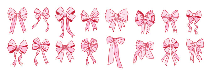 Pink girly vintage bows set. Coquette Bow for hair decor collection. Satin Trendy girls accessories. Cute hairstyle elements collection. Trendy coquettish ribbon. Contour vector illustration.