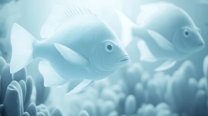 Two fish swimming coral reef, underwater scene, serene background, aquarium use